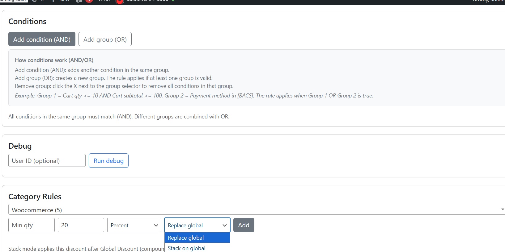 WooCommerce category pricing rules with replace stack and override modes